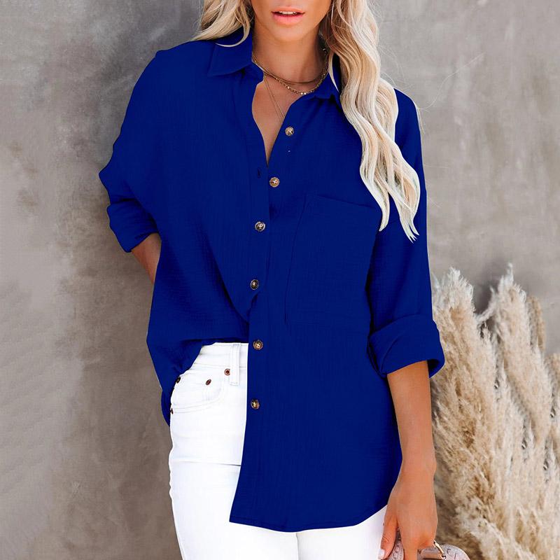 Moda Mujer Manga Larga Solapa Color Sólido Talla Grande Camisa Blusa Tops Ropa