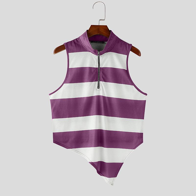 

INCERUN Men Zip-up High Neck Sleeveless Striped Irregular Casual Crop Tank Tops 2XL фиолетовый