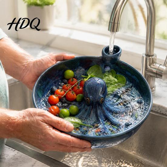 Sturdy Ceramic Draining Dish Octopus Shaped Berry Washing Bowl with Drainage Slots Retro Style Creative Kitchen Countertop Decor Fruit Strainer,