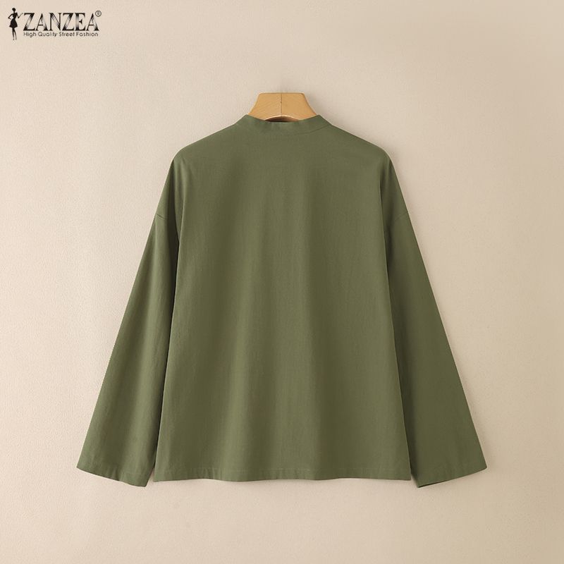 ZANZEA Women Casual Round Neck Solid Color Long Sleeve Cotton Blouse