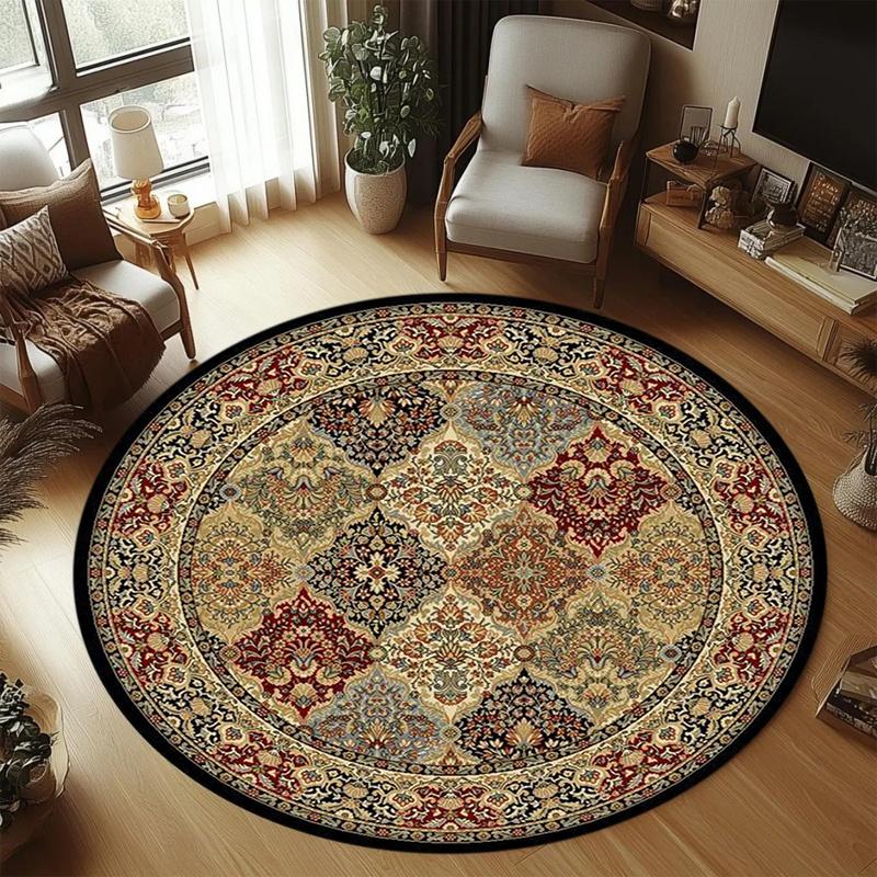 Antique Tribal Round Area Rug, Retro Geometric Floral Circular Floor Mat, Study Room Home Decor