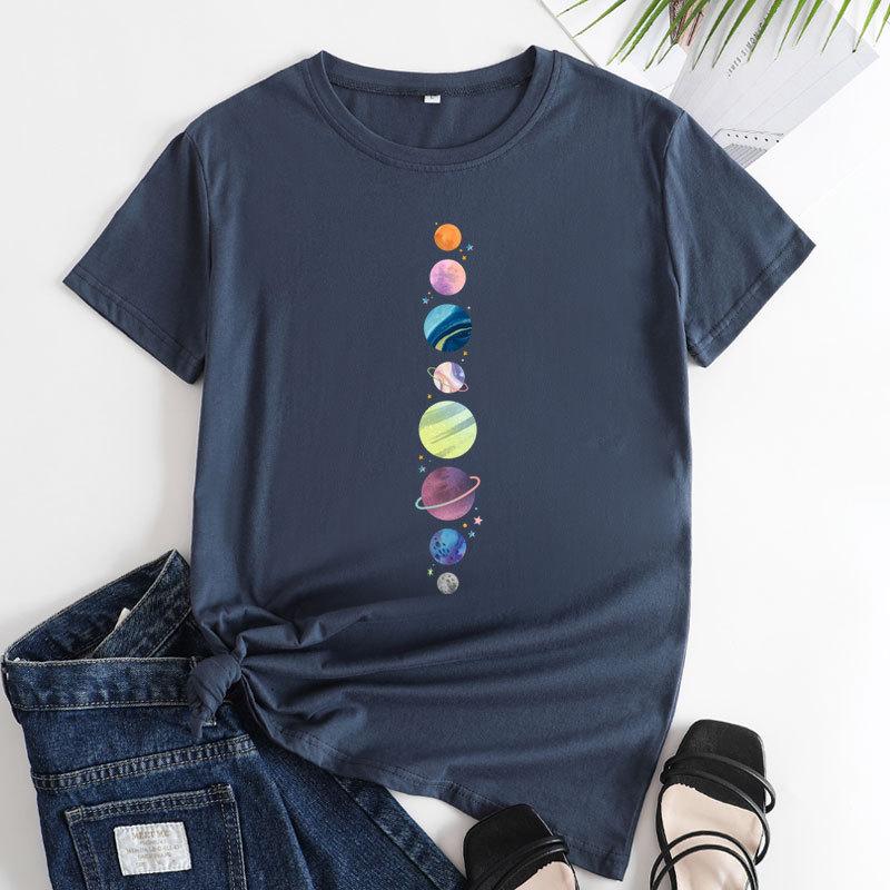 Summer Round Neck Planet Pattern Printed Top Fashionable Casual Short Sleeved Women's Pure Cotton T-shirts