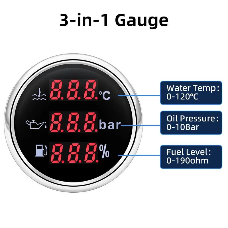 MultiMeter 3IN1 Red LED Digital 52mm Gauge with Alarm Water Temp+Oil Press+Fuel Level Gauge 0-190ohm for Auto Car Boat Yacht