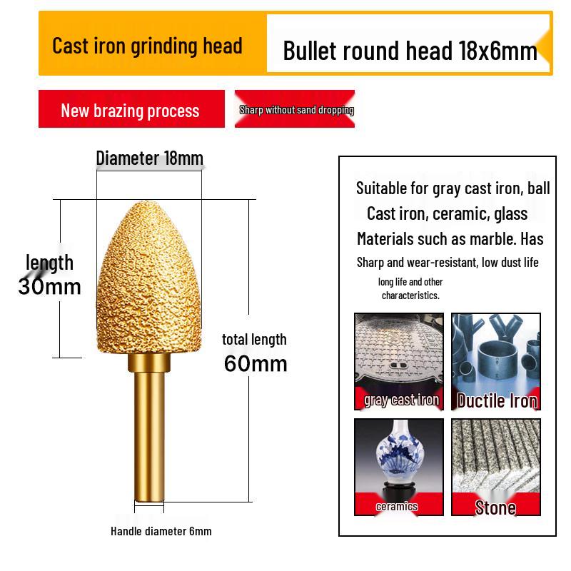 Diamond Brazed Carbide Grinding Head for Ductile Iron & Stone, Compatible with Electric Drills