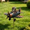 Gift for Gardening Enthusiasts Metal Skeleton Pilot Airplane Wind Spinner with Ground Stake, Vintage American Flag Garden Style Accessory Yard Rustic