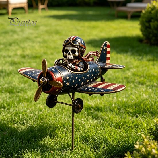 Gift for Gardening Enthusiasts Metal Skeleton Pilot Airplane Wind Spinner with Ground Stake, Vintage American Flag Garden Style Accessory Yard Rustic