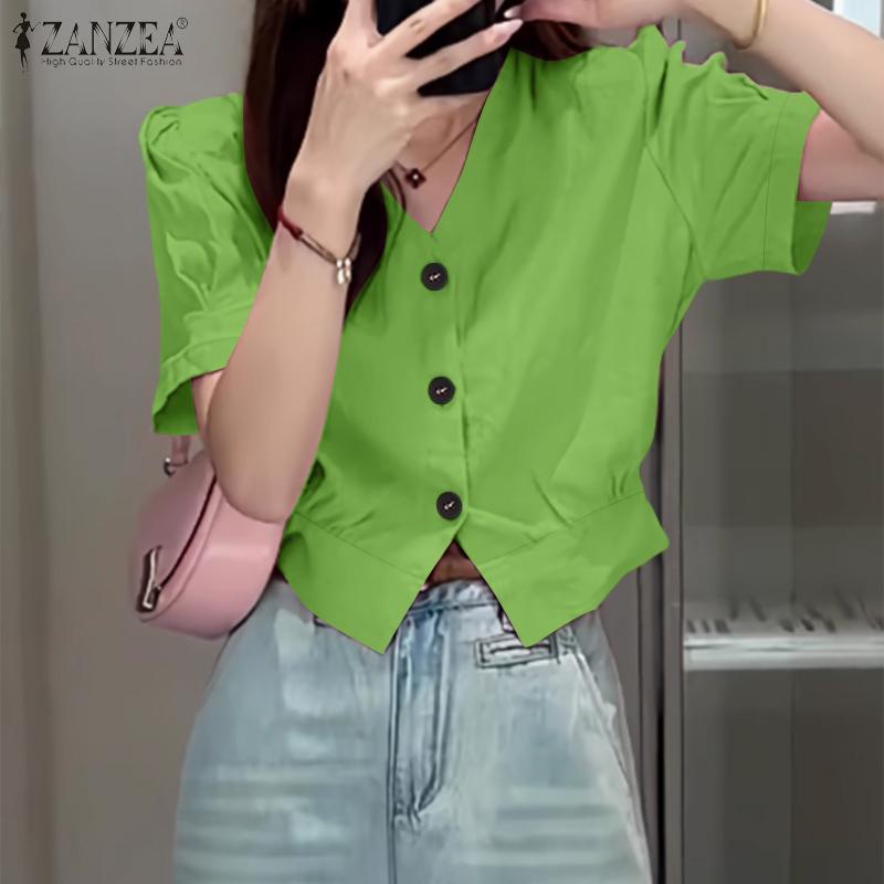 ZANZEA Women Casual V-Neck Solid Color Summer Short Sleeve Blouse