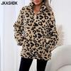 Dam Mode Casual Leopardtryck Höst Vinter Långärmad POLO Hals Jackor & Kappor