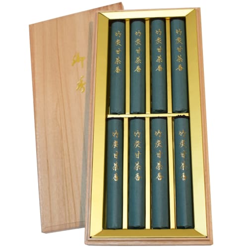 Awaji Baikundou's Low-Smoke Incense Set (Gift Wrapping Included) - Premium Bamboo Charcoal Sweet Tea Incense, 8 Bundles, In a Paulownia Wood Box. Perf