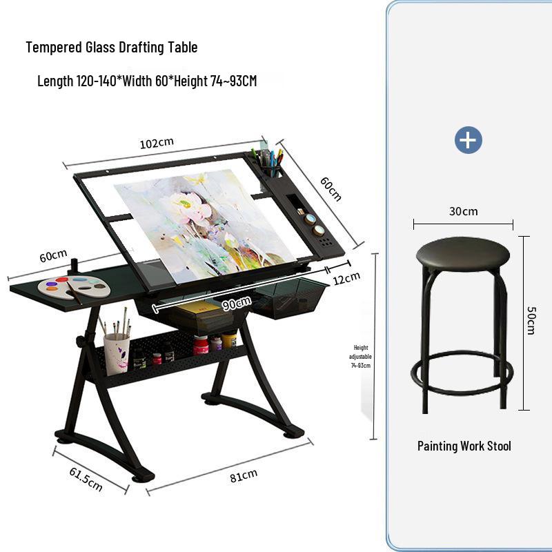 Height-Adjustable Glass Drafting and Designer Desk for Art and Computer Work