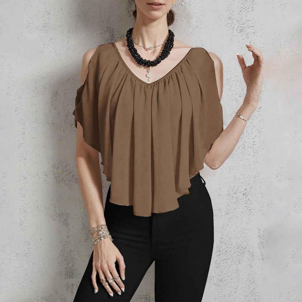 Women's Casual V-neck Off-shoulder Solid Color T-shirt