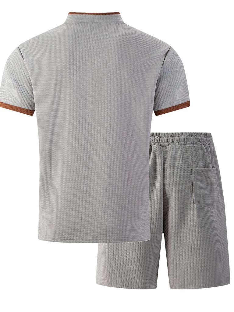 Men's Summer Plaid Pocket V-neck T-shirt & Shorts Casual Two-Piece Set