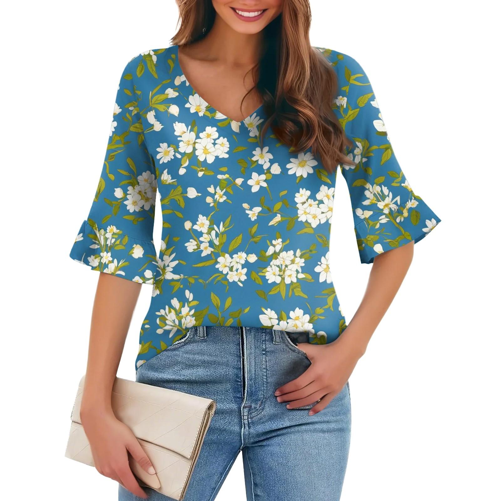 

Женская повседневная модная футболка с V-образным вырезом, свободная, для поездок на работу, с цветочным принтом и рукавами-пятью точками L