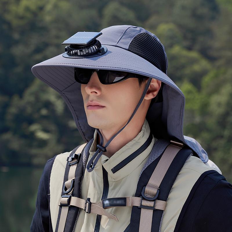 Solar Fan Hat with Neck Cover Wide Brim Sun Hat UV Protection Outdoor Fishing Hat Hiking Travel Hollow Mesh Summer Cooling Breathable Sun Cap