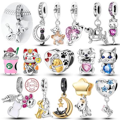 925 Silver Cat Dog Pet Charm Beads Pendant for DIY Bracelet Bangle Jewelry Making Women Men Animal Lover Gift