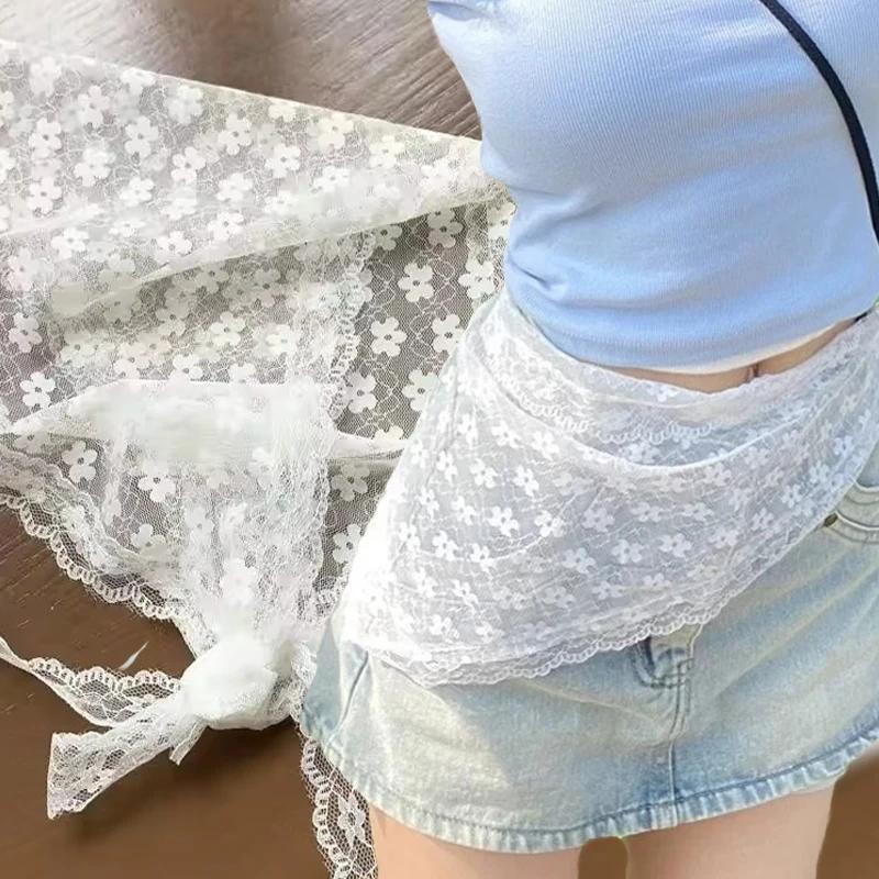Lace Flower Jeans T-shirt Scarves Headband Elegant Women Lace Flower White Sweet Triangle Scarf Ins Style Ribbon Artistic Travel