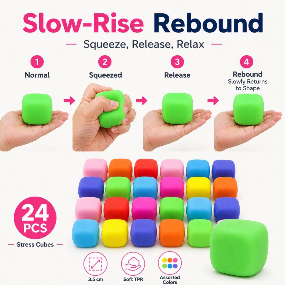 24 PCS Cube Anti-Stress Rempli de Farine Jouet Sensoriel Anti-Stress en TPR Cube Anti-Stress à Montée Lente Maison Bureau