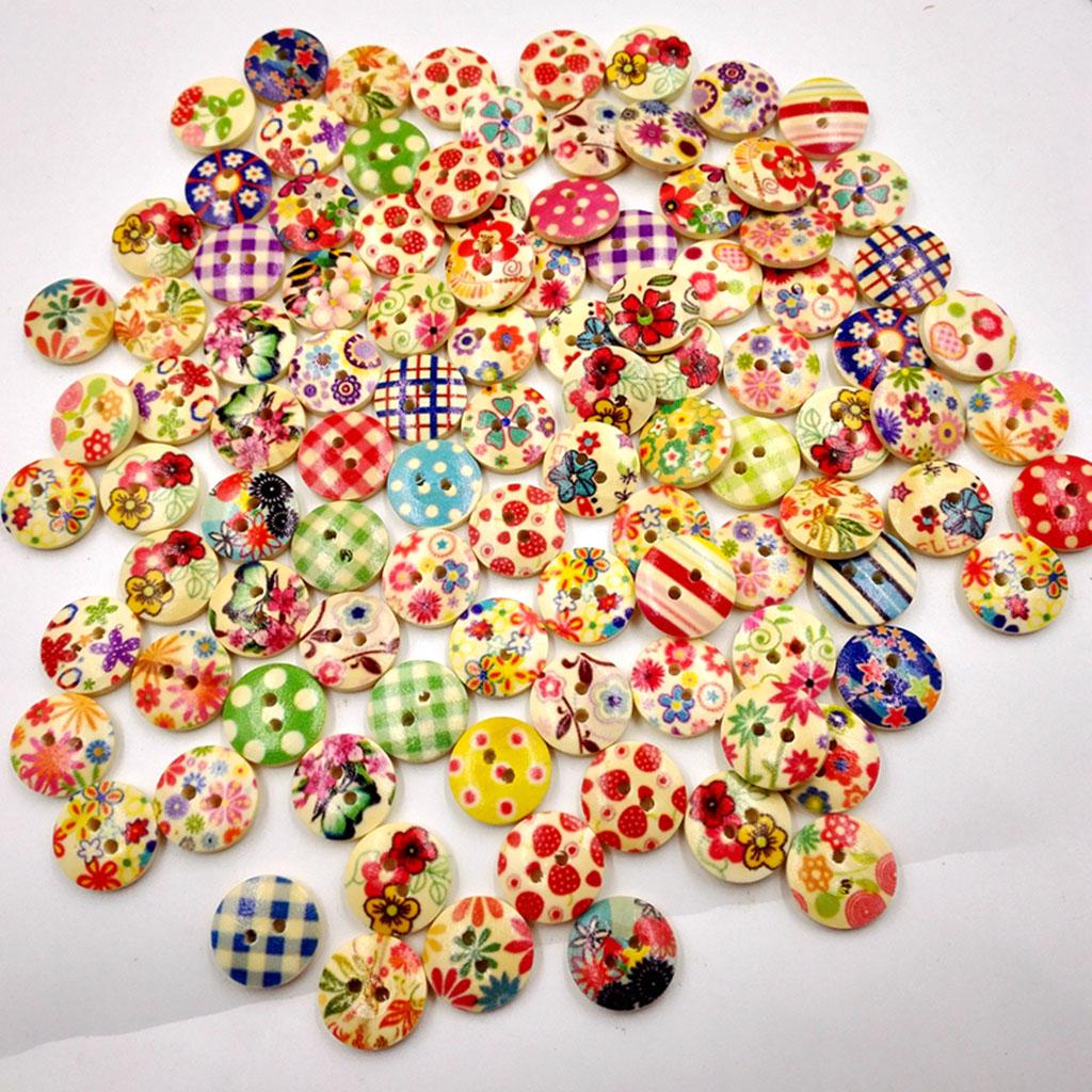 100Pcs -Hole Wood Buttons Mixed Flower for Sewing Embellishments 15mm
