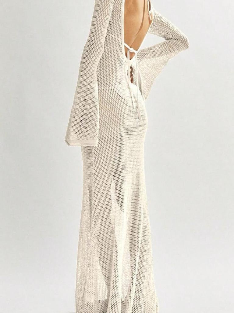 Women's Crochet Long Sleeve Backless Mesh Knit Swimsuit Cover Up Beach Maxi Dress