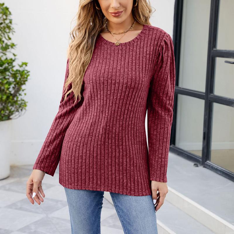 Damen-T-Shirt mit rundem Halsausschnitt, Puffärmeln, einfarbigem Oberteil und langen Ärmeln