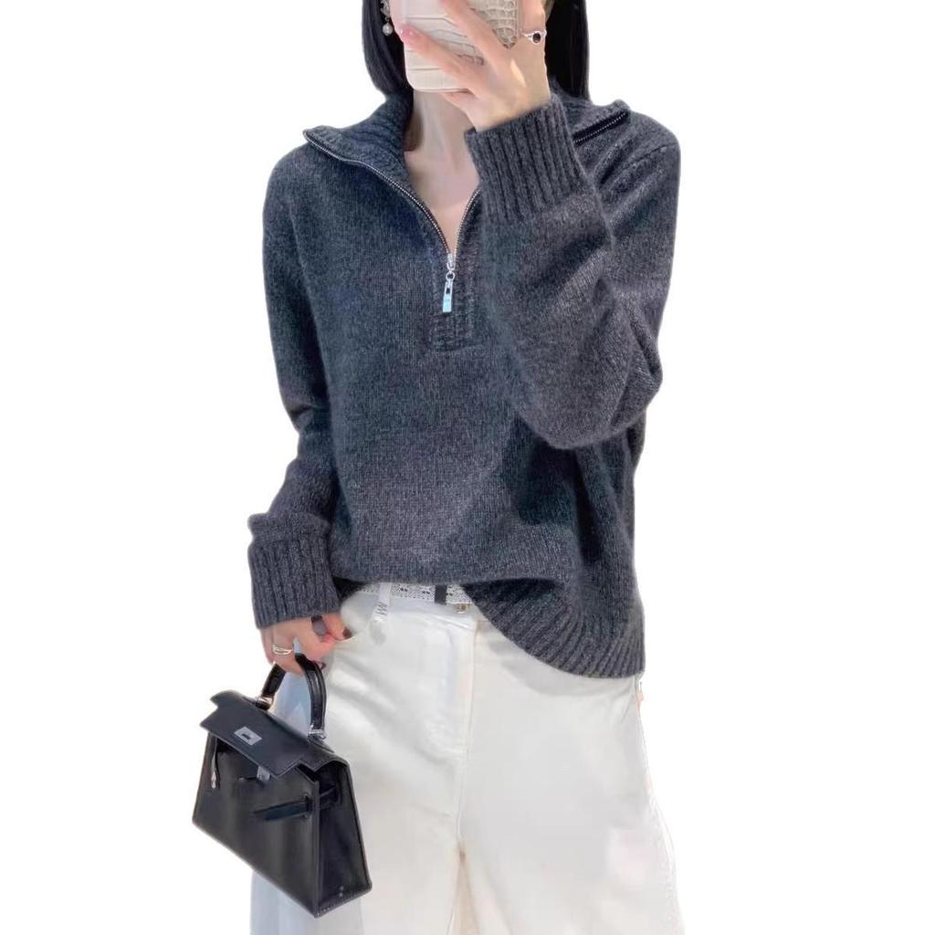 Women's Retro Half-Zip Pure Wool Lapel Sweater - Loose Knit Lazy Style, Autumn/Winter Collection