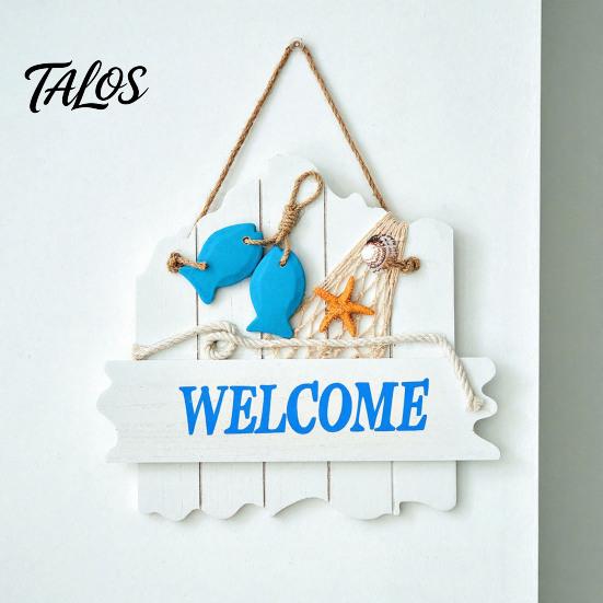 Marine Elements Wall Art Mediterranean Style Wooden Welcome Sign, Starfish And Shells Hanging Seaside Inspired Ornament Plaque, Decorative for