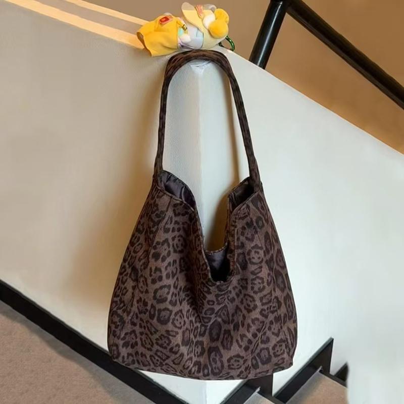 Women's Fashion Shoulder Bag Suede Leopard Pattern Large Capacity Magnetic Clasp Handbags Lightweight Shopper Totes