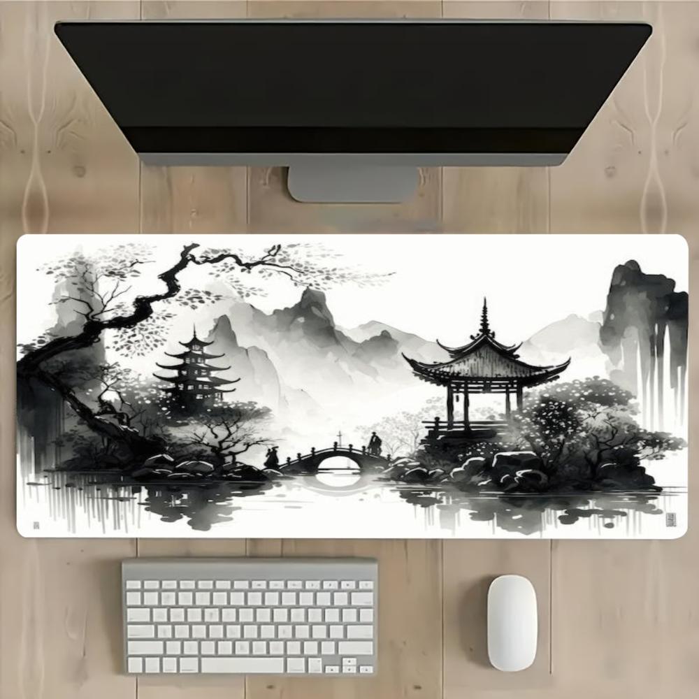 Chinese Ink Landscape Gaming Mouse Pad Large Desk Mat Mountain Temple Extended Keyboard Mat Non Slip Gamer Carpet For Office