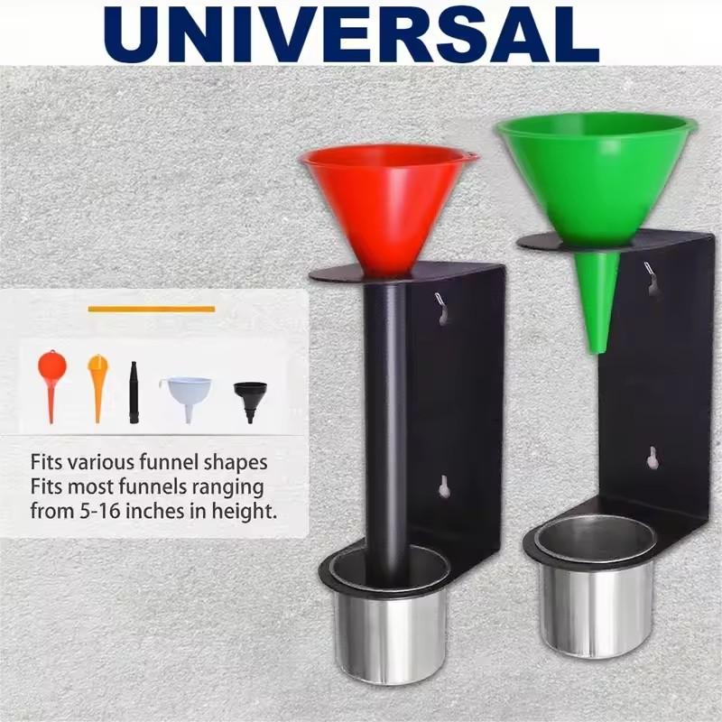 Two-Pack Wall Oil Funnel Storage Racks with Removable Drip Trays for Workshop and Garage