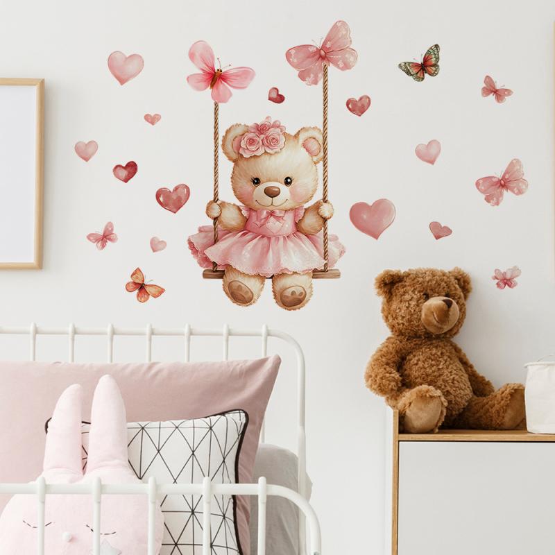 Cartoon Bear Swing Butterfly Wall Stickers Child Room Background Decoration Self-Adhesive Decals