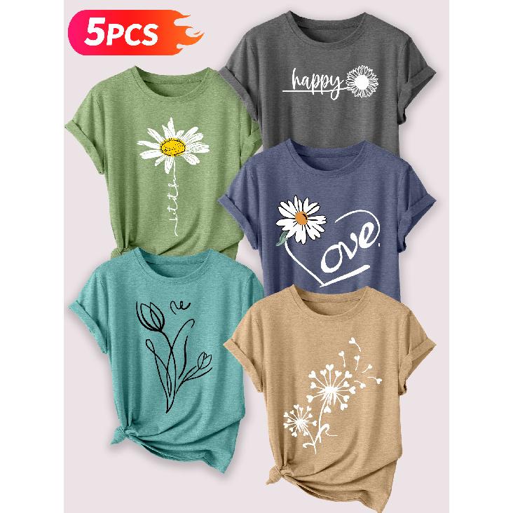 Minimalist hand-drawn small daisy fresh floral print Five-piece set of women's short-sleeve tops Elegant Summer Party Outfits Essential fashion items