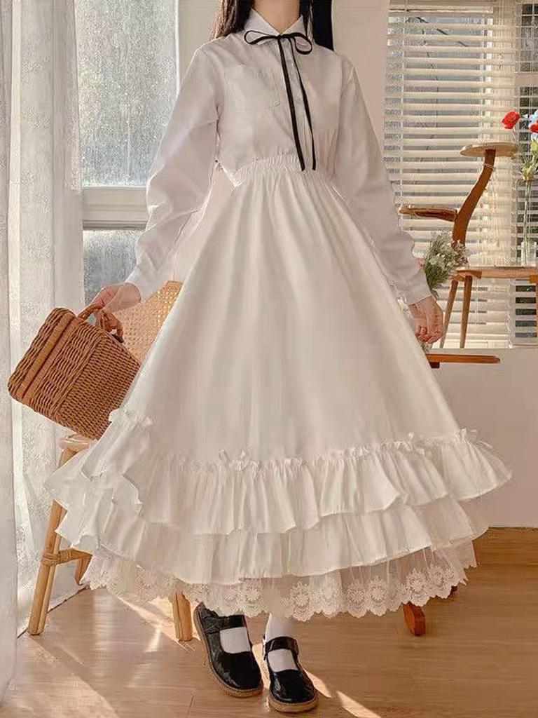 Women‘s Lace Long Skirt High Waist Bow Ruffled A-line Skirt Kawaii Japanese Style Vintage Clothing Spring Autumn