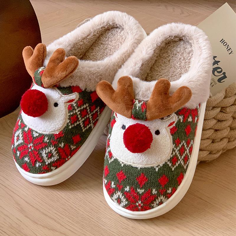 New Winter Lovely Women's Slippers Home Cute Cartoon Cotton Slippers Christmas Deer Non-Slip House Shoes