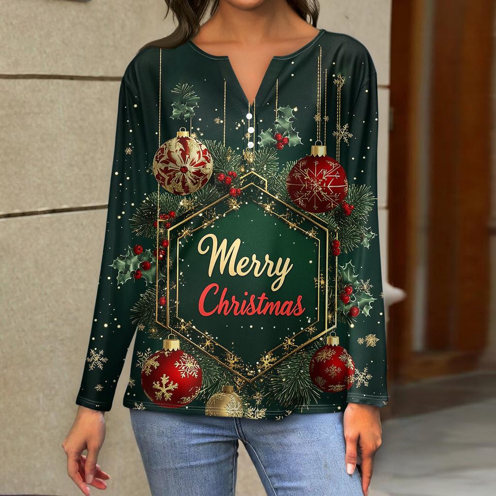 Maglietta da Donna T-Shirt Stampa Natalizia Bottoni Manica Lunga Quotidiano Weekend Moda Basic Scollo a V Regolare Top