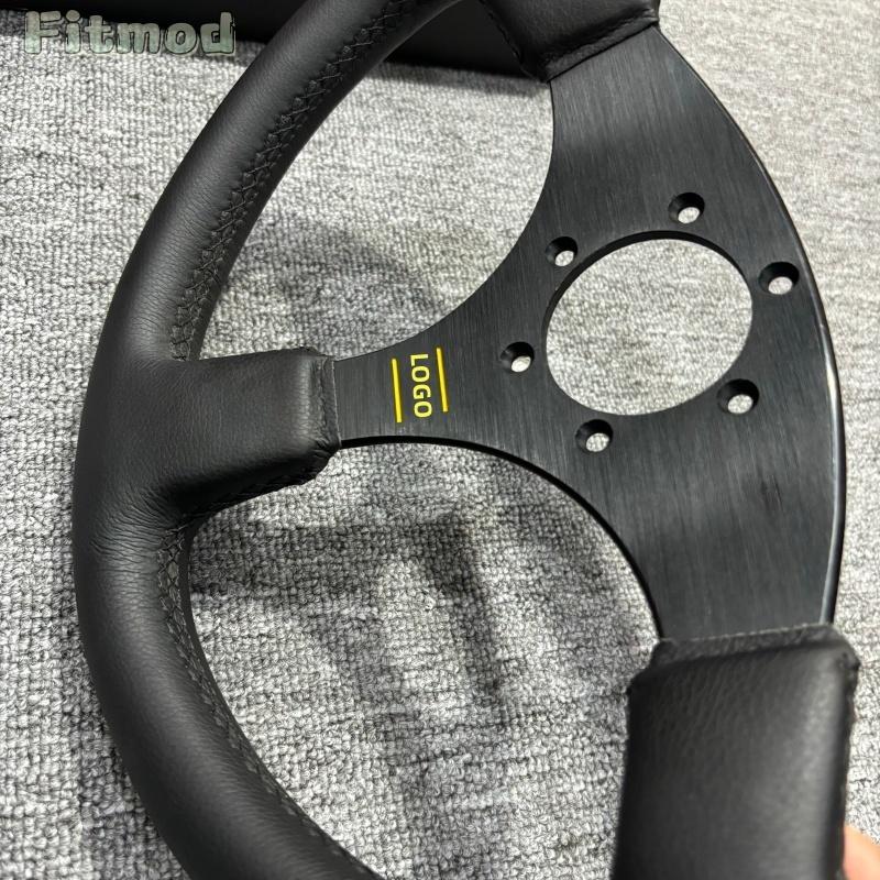 JDM 14-inch 350MM Racing Modified Leather Steering Wheel, Flat Drift Sports Game Steering Wheel PCD70MM