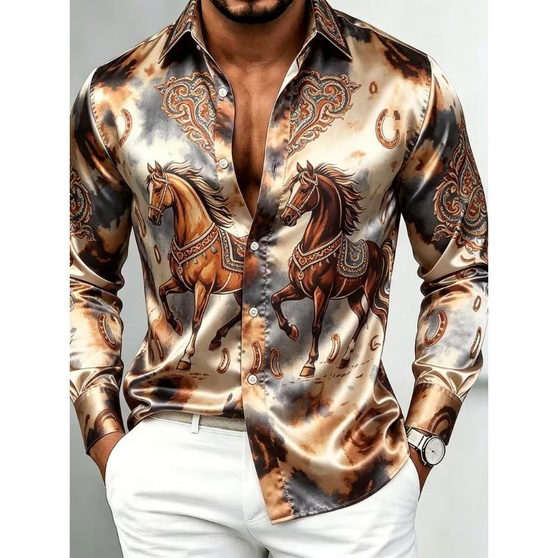 New Heart-shaped Rolled Grass Cross Partial Printed Long Sleeved Shirt with a Smooth Drape and Satin Lapel for Men