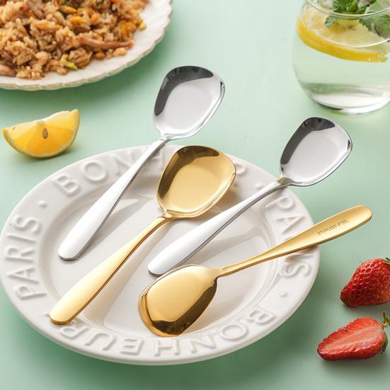 Yousheng Stainless Steel Square Head Soup Spoon Flat Bottom Anti-Spill Soup Ladle Thickened Ergonomic Handle Serving Utensil for Pasta Salad