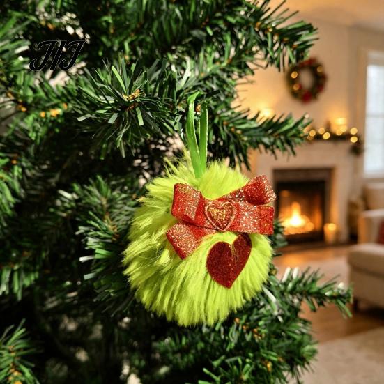 Faux Rabbit Fur Hanging Decor Pom Poms Christmas Ornaments, 2.3 Inch Soft Fluffy Green Ball Lightweight Party Favors Decoration with Glitter