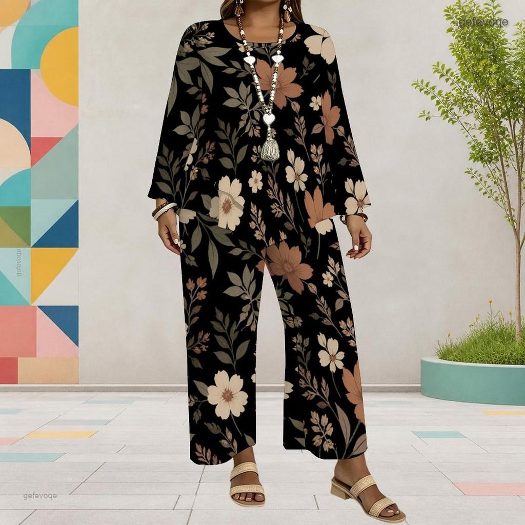 Women Plus Size Floral Printed Round Neck Long Sleeve Layered Top Wide Leg Pants Two Piece Set