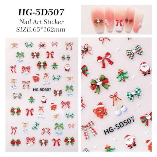 Christmas Nail Stickers 3D Design White Set 6 Elderly Elk Bear Bow Tie Gift Flower Decoration Compatible Gel Nails
