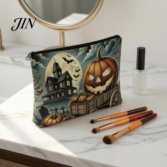 Small Toiletries Organizer Halloween Storage Bag, Large Capacity Cosmetic with Pumpkin Travel Pouch Castle Skull Print, Smooth Zipper Thickened Canvas