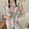 Silk Pajamas Women's Long Sleeve Cardigan Long Pants Pajamas Set Printed Kawaii Clothes Home Clothes