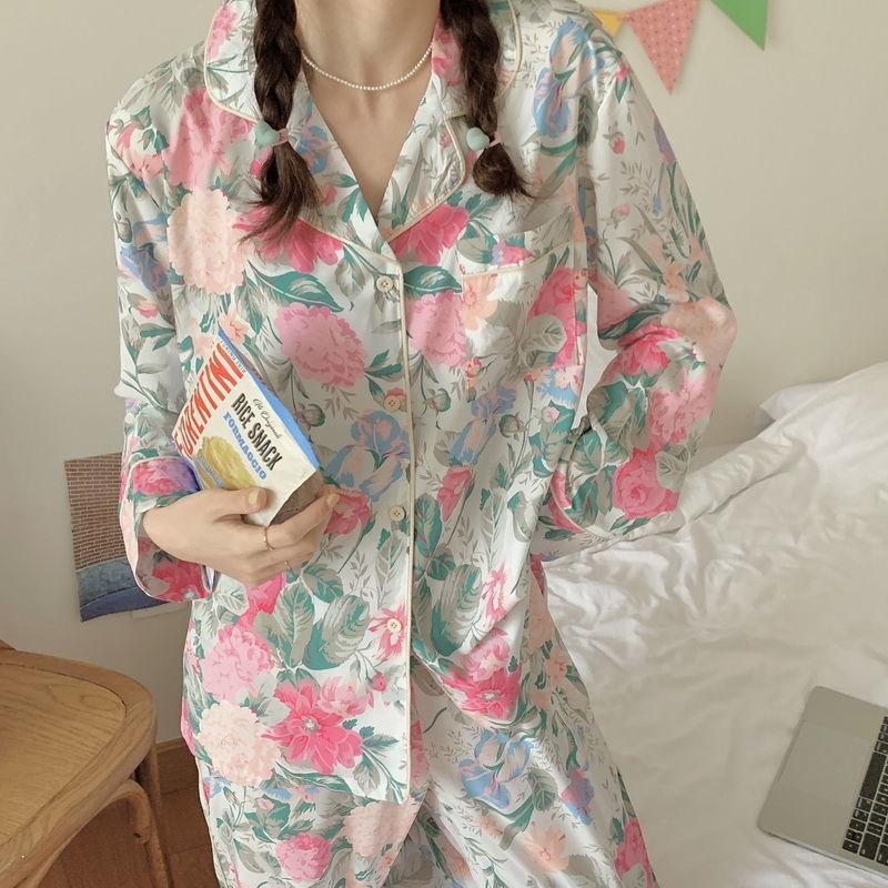 Silk Pajamas Women's Long Sleeve Cardigan Long Pants Pajamas Set Printed Kawaii Clothes Home Clothes