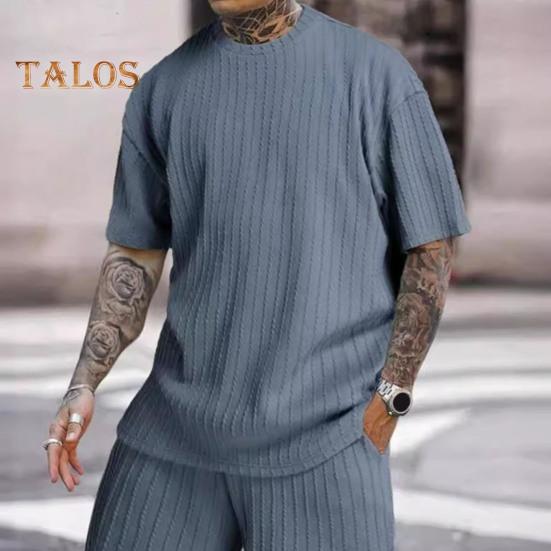 2 ks/sada Pánský sportovní oblek Tričko s krátkým rukávem do O výstřih Elastický pas Široké nohavice Šortky s kapsami Sada Žakárová textura Běžecké oblečení