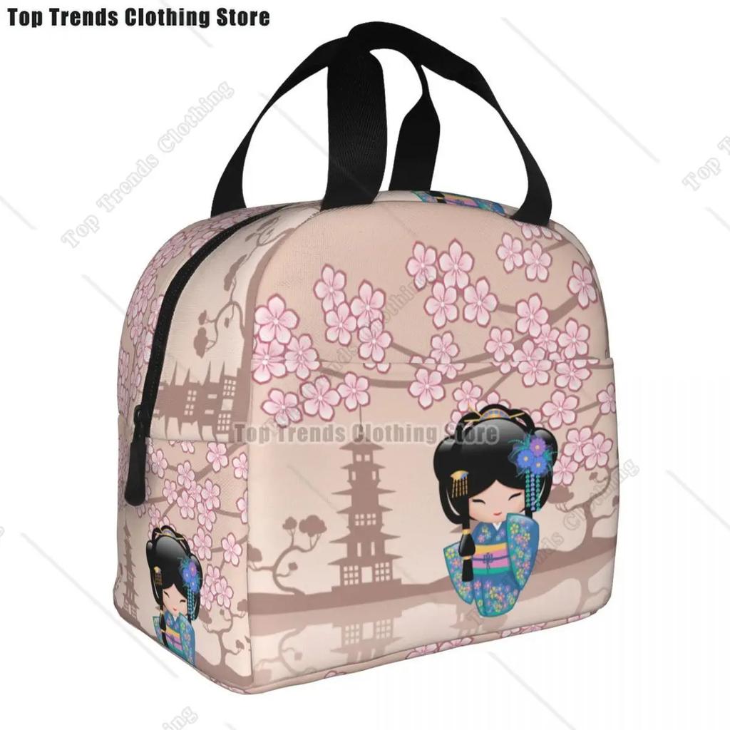Japanese Keiko Kokeshi Doll Insulated Lunch Bag Cute Design Kimono Geisha Dolls Girls Cooler Thermal Bento Box Lunch Boxes