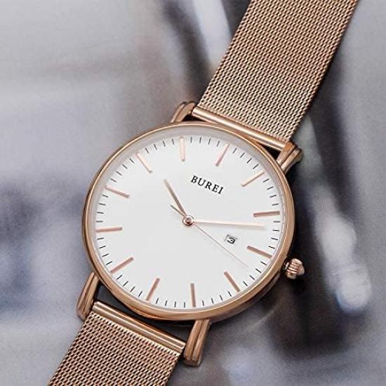 BUREI Business Milanese Mesh Date Rose Brand Men's Watch, Simple, Waterproof, Analog, Style, Style, Strap, Stylish, Popular, Display, Gold, Name,
