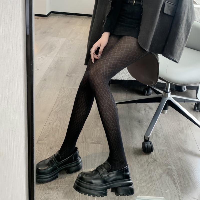 Jacquard Rhombus Stockings Black Silk Checkered Spring And Summer Pantyhose Dark Lolita Sexy Black Pantyhose One size fits all