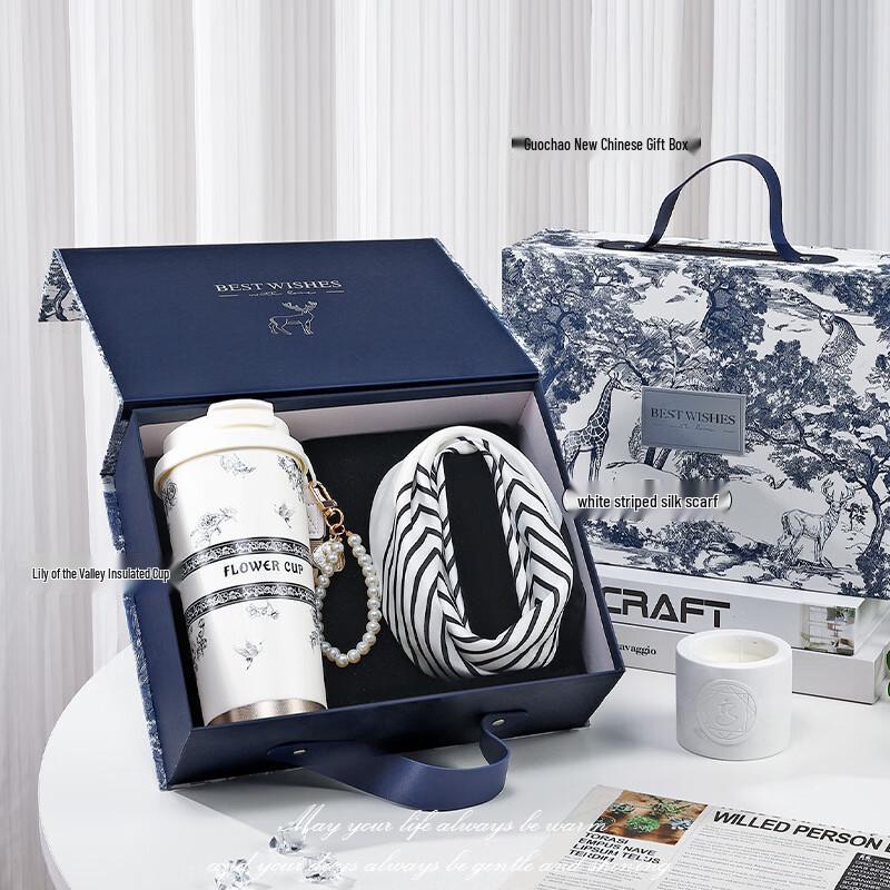 Lily of the Valley Dual-Drink Thermos & Striped Silk Scarf Business Gift Set