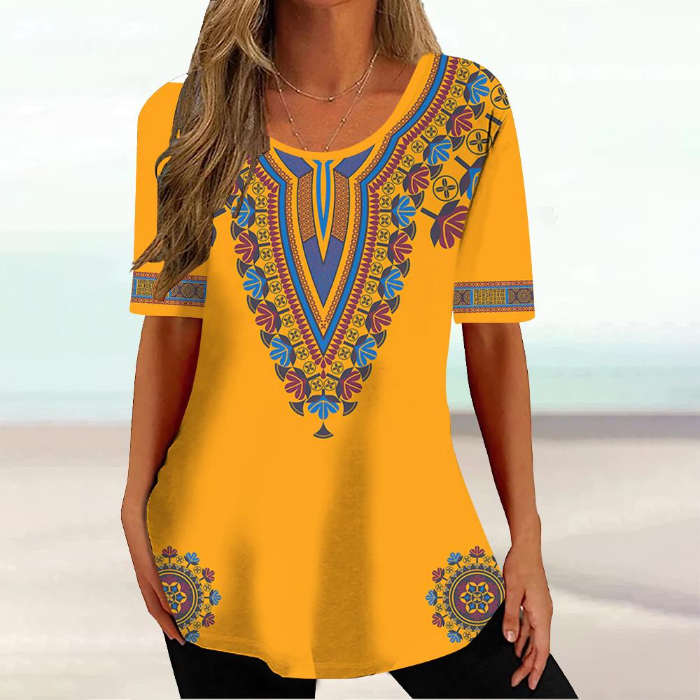 

Африканська етнічна жіноча футболка з племінним принтом і короткими рукавами, жіночий класичний пуловер, літній о-подібний виріз, вільний вуличний одяг, щоденний одяг 3XL