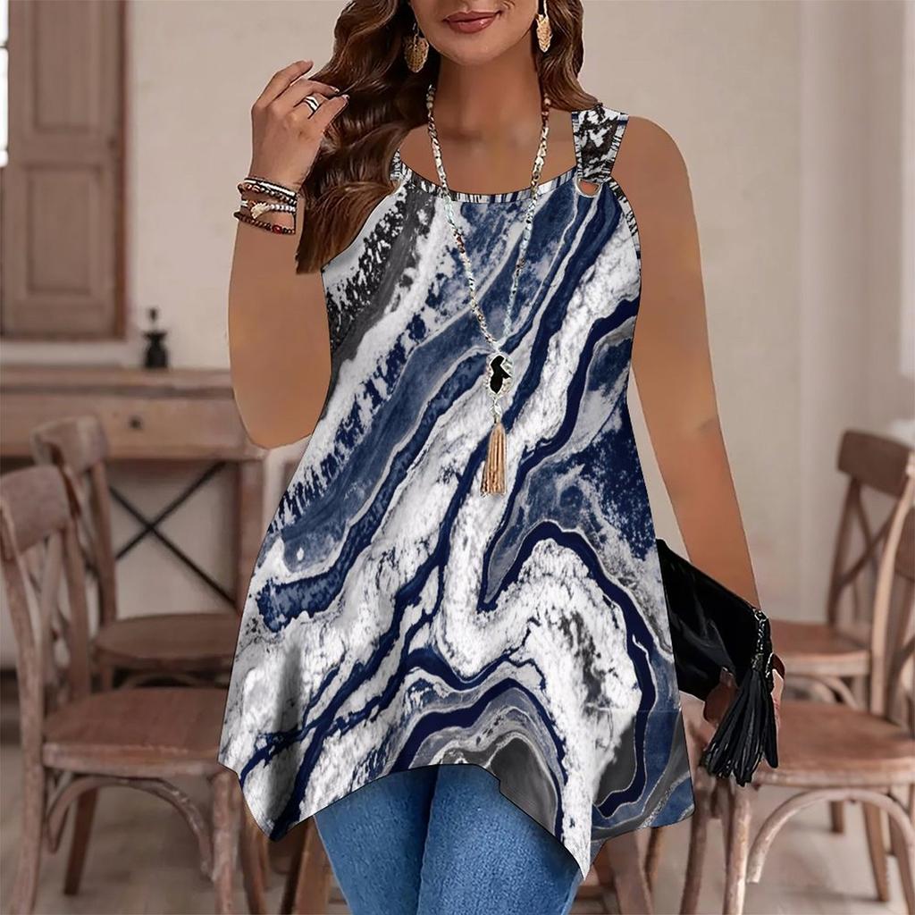 Women's Fashionable Casual Sports Double-ring Vest, Large-sized Tank Vest with Marble Veining Printed Patterns, Irregular Hem, Elegant and Simple